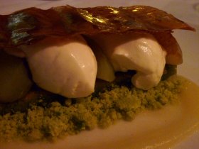 Sleek dollops of calvados cream worked well with moist pistachio cake