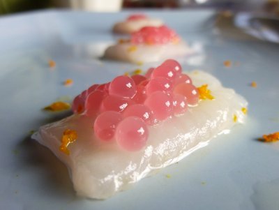 Rhubarb spheres on lemon sole sashimi