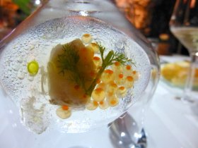 Dentex in seawater, on the inside of a wine glass