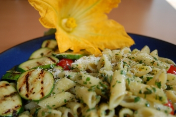 Simple courgette pasta with a few char-grilled slices on the side