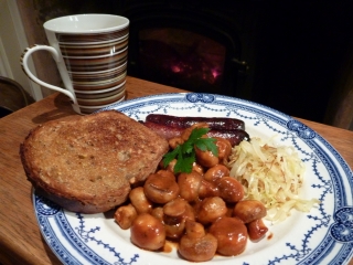 Devilled mushrooms, with spare sausages and cabbage added for a proper supper