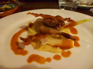 Quail with crispy bacon, pear and chicory. Was pretty good.