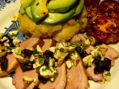 Smoked duck and cobnuts, causa in back