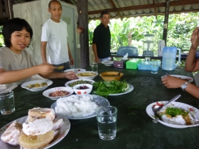 Food with friends, at a wildlife research station in Thailand
