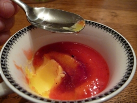 Saffron pannacotta with blood orange coulis - pretty colours, mismatch tastes