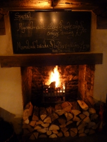 Cosy fire at the Butchers Arms, a necessity in England in June