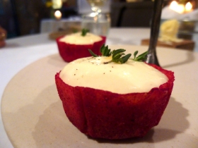 Tangy-smooth goat cheese mousse and earthy beetroot