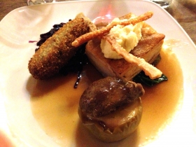 Pork belly, pig cheek, and baby food croquette