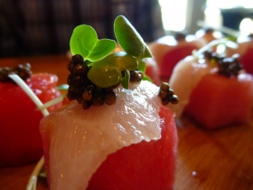 Lovely sashimi, with sweet watermelon and peppery mustard