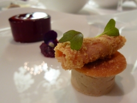 Rich but zingy goose liver with salted almonds and sour cherry