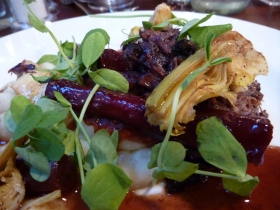 Some oxtail and salsify. With, why not, some pea shoots