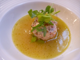 Tian of crab, padded out with crayfish, in broth of nothing with pea shoots