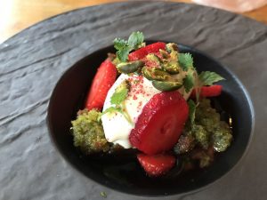 Strawberry and pistachio with goat curd